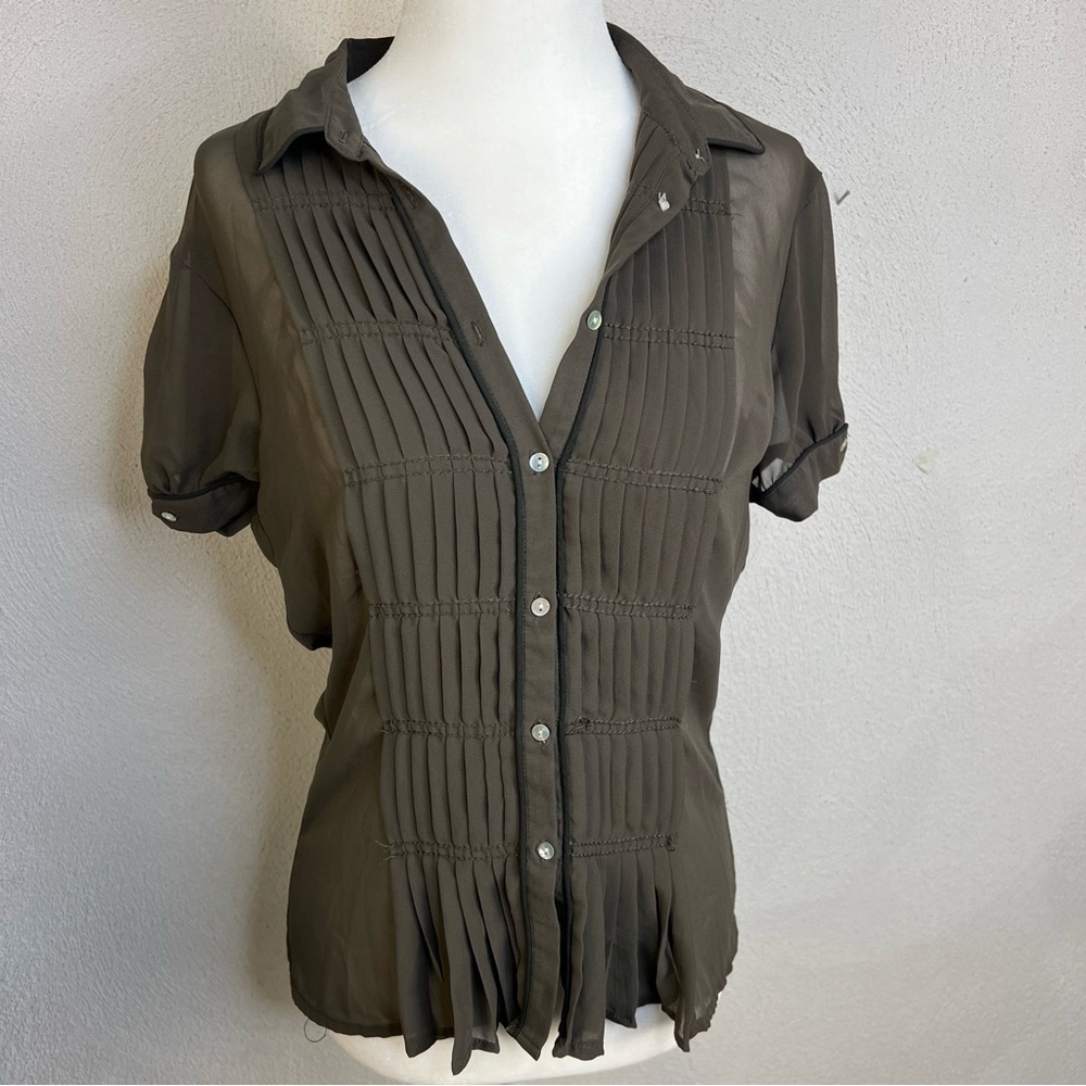 Zara Semi-Sheer Pleated Button Down Brown Collared Blouse Size Small